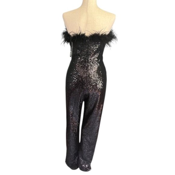 INA Women Feather Embellished Strapless Embroidered Sequin Black Jumpsuit M NWT - Picture 8 of 14
